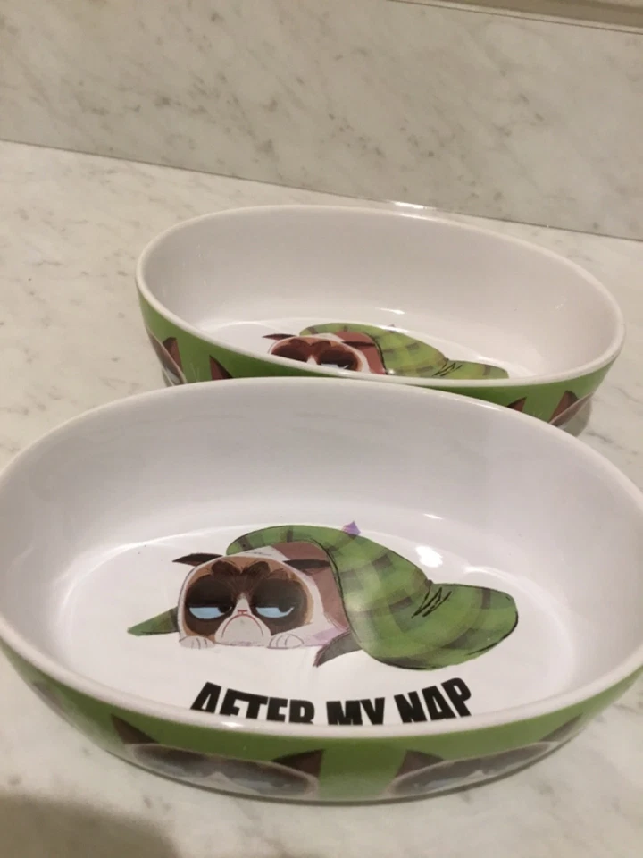 Juego de 2 cuencos de comida ovalados de gres para gatos y mascotas Petrageous Grumpy Cat Foto 2 de 4
