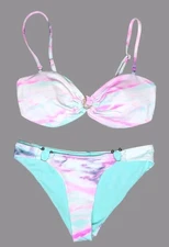 NEW TiniBikini Reversible Cheeky Bikini Size MED Pastel Tie Dye Gold Ring Accent