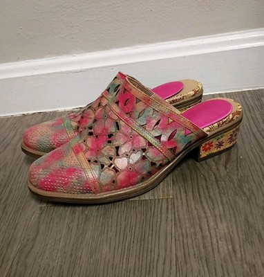 L'Artiste Spring Step Rosalinda Mules Multicolor Leather Floral Cutout  Size 40