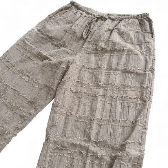 Lulu B Wide Leg Pull On Pants Womens XL Embroidered Boho Cotton Beige Pockets - Image 4 of 4