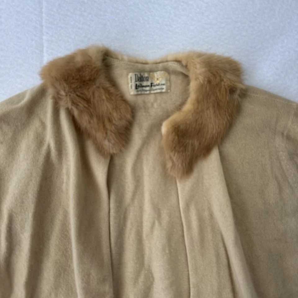 Cárdigan de Colección Dalton Ribete de Piel de Cachemira Años 50 Piel de Leimán Beige Tostado Visón Suéter-S Foto 2 de 4