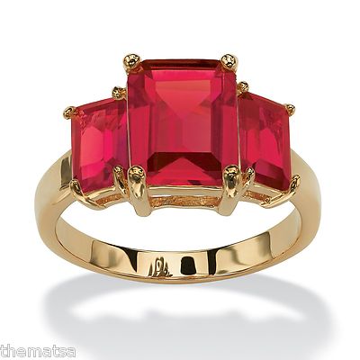 TRIPLE BIRTHSTONE RUBY 18K GOLD GP JULY RING SIZE  5 6 7 8 9 10 