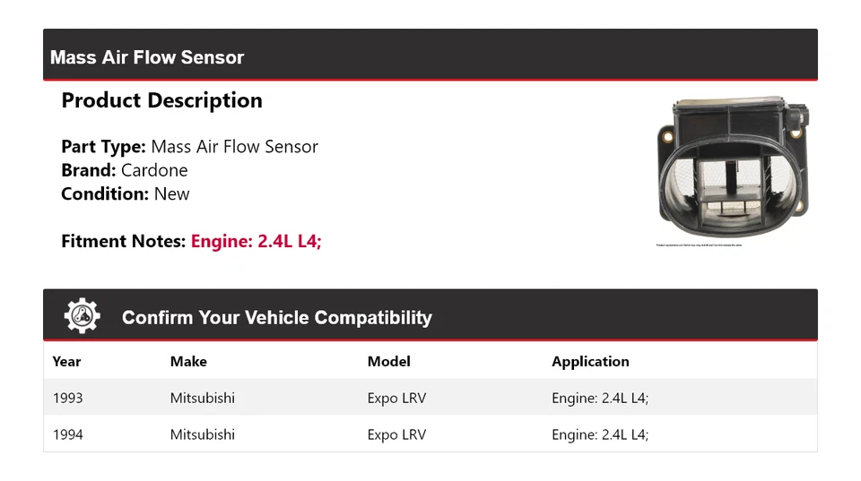 Sensor de fluxo de ar em massa Cardone para 1993-1994 Mitsubishi Expo LRV 2.4L L4 - Imagem 2 de 4