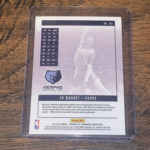 Tarjeta de novato Ja Morant Memphis Grizzlies 2019-20 Panini Chronicles Luminance #165 - Imagen 2 de 2