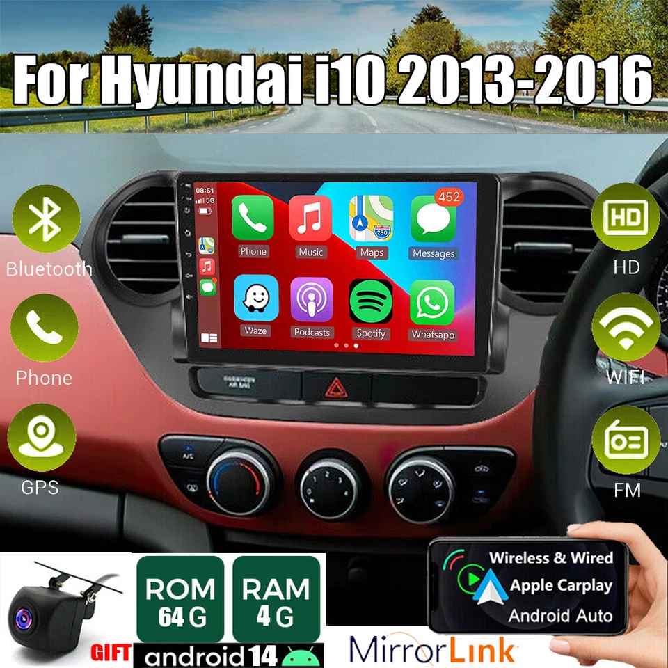 WPG-AUTOPARTS Apple CarPlay Car Stereo Radio For Hyundai i10 2013-2016 GPS Navi Android 14