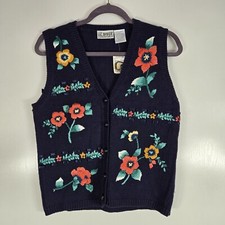 Vintage Liz Baker Essentials Dark Navy Blue Floral Embroidered Vest Size SP NWT
