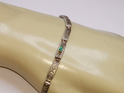 E.I.F.& CO OXIDIZED STERLING, FILIGREE LINK, GREEN GLASS BRACELET 4MM X 6'', 3.3G