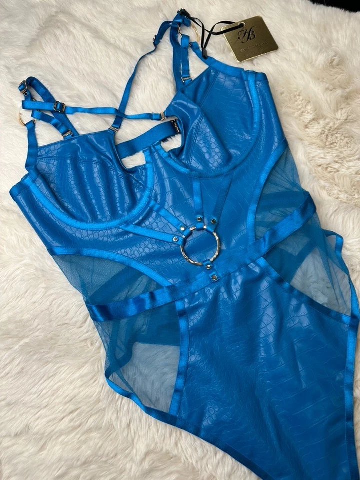 Body de imitación de cuero azul pavo real Honey Birdette MISTRESS T💙 32DD Foto 4 de 4
