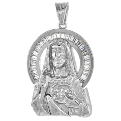 925 Sterling Silver CZ Sacred Heart of Jesus Pendant 1 1/8 Inch (28mm ...