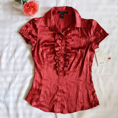 MNG By Mango Blouse Women 6(Eur M) Red Ruffle Satin Academia Career Office Shirt
