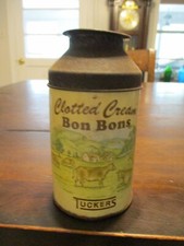 TUCKERS CLOTTED CREAM BON BONS TIN CONE TOP  CANDY TIN WITH COWS IN PASTURE VTG