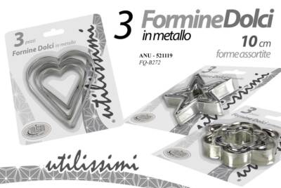 3 FORMINE STAMPO DOLCI BISCOTTI CUCINA METALLO ASSORTITI STELLE CUORI TONDI 10cm
