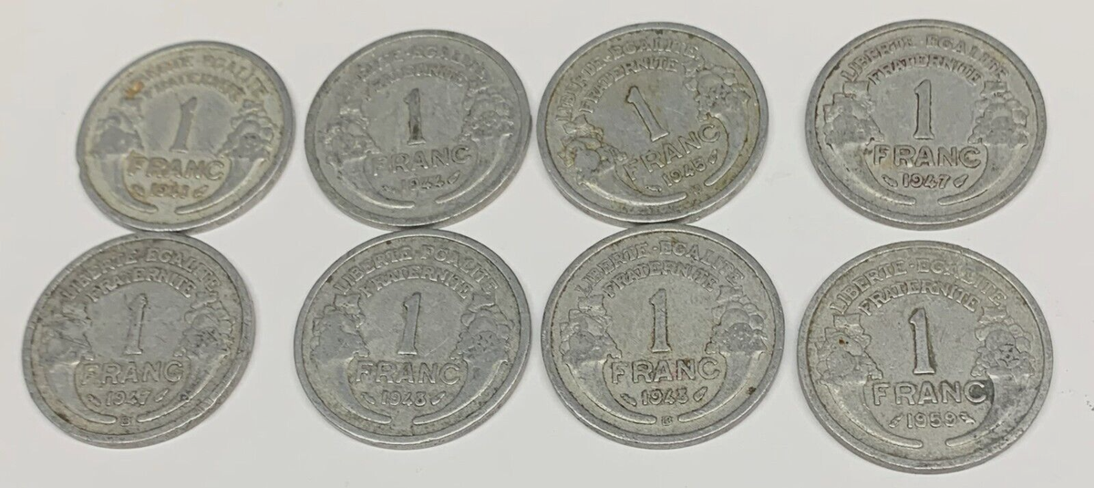 C7777 FRANCE 8 COINS, ONE FRANC 1941, 44, 45-B, 47, 47-B, 48, 48-B
