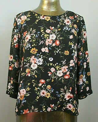Pink Rose Black Floral Blouse Womens Size S Chest 29 3/4 Sleeve 324-25392