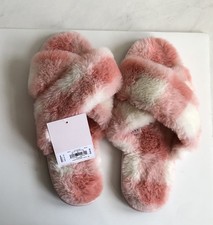 New Fun Ladies Lauren Conrad Fuzzy Pink And White Slip-on Slippers Size M 7/8