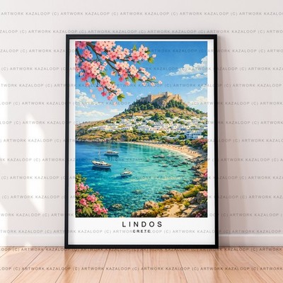 Antiker Lindos Frühling ungerahmter Illustration Kunstdruck mit und Meerblick
