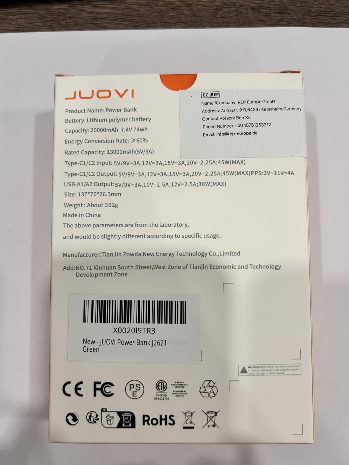 J2621 Power Bank Portable Charger 20000mAh 45W,PD 3.0 QC 4.0 Fast Charging Ba...