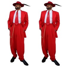 Red Men's Zoot Suits Wide Peak Lapel Wedding Party Prom Long Coat Pant 2pieces