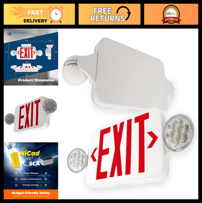 Compact Exit Sign with Emergency Lights, Red LED, Hardwired 120/277VAC, Battery