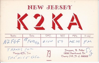 Vintage K2KA Cherry Hill New Jersey 1992 Amateur Radio QSL Card