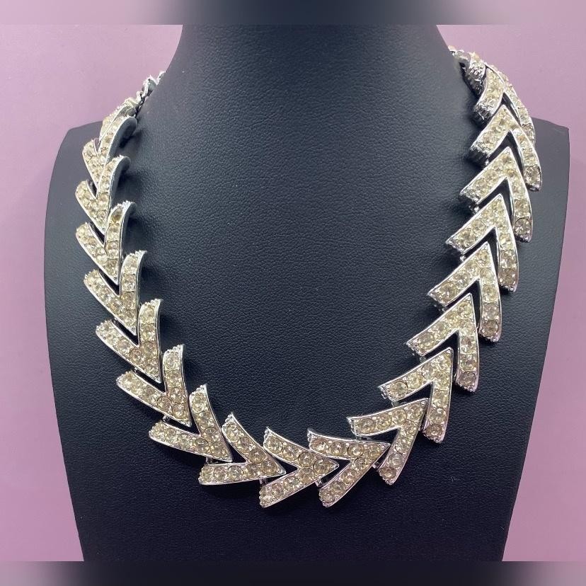 Rhinestone Chevron Statement Necklace Womens Silv… - image 1