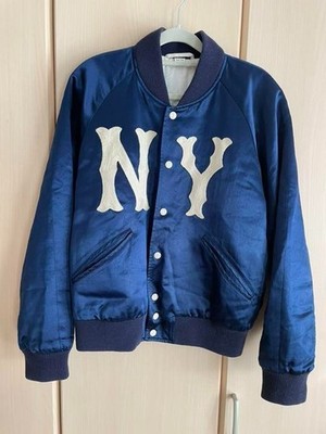 GUCCI x NY Yankees Satin Bomber Varsity Jacket IT46 Navy Blue