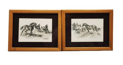 Gerahmte Vintage Kohle Pferd Zeichnung Drucke X2 Brigit Helen Equine Wandkunst Sml