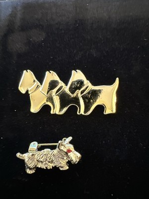 VTG Scottie Dog Brooch Lot 2pc Gold Tone Terrier Pins Rhinestone Novelty Jewelry