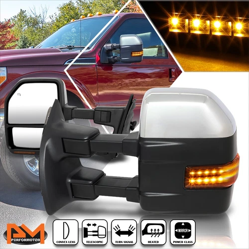 For 08-16 Ford Super Duty Powered+Heated Chrome Towing Mirror w/LED Signal Lamp