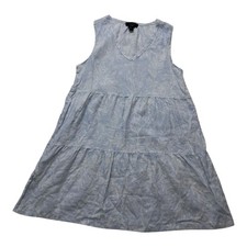 Tahari 100% Linen Dress Women's Large Light Blue Tiered Mini Plants V Neck Beach