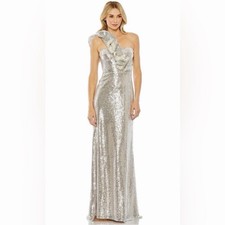 Mac Duggal Silver Sequin One-Shoulder Ruffle Long Maxi DressWomen  s Size 4 68513