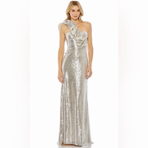 Mac Duggal Silver Sequin One-Shoulder Ruffle Long Maxi DressWomen’s Size 4 68513