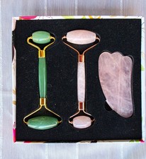 InnoCreation 3-in-1 Rose Quartz & Jade Face Massager Kit 2 Rollers Gua Sha GTC