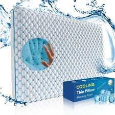 Thin Cooling Gel Pillow 2.25" Ultra Slim Memory Foam Stomach Back Sleepers