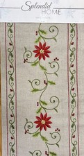 Splendid Home Christmas Red Green Poinsettia Embroidered Table Runner 14 X 72
