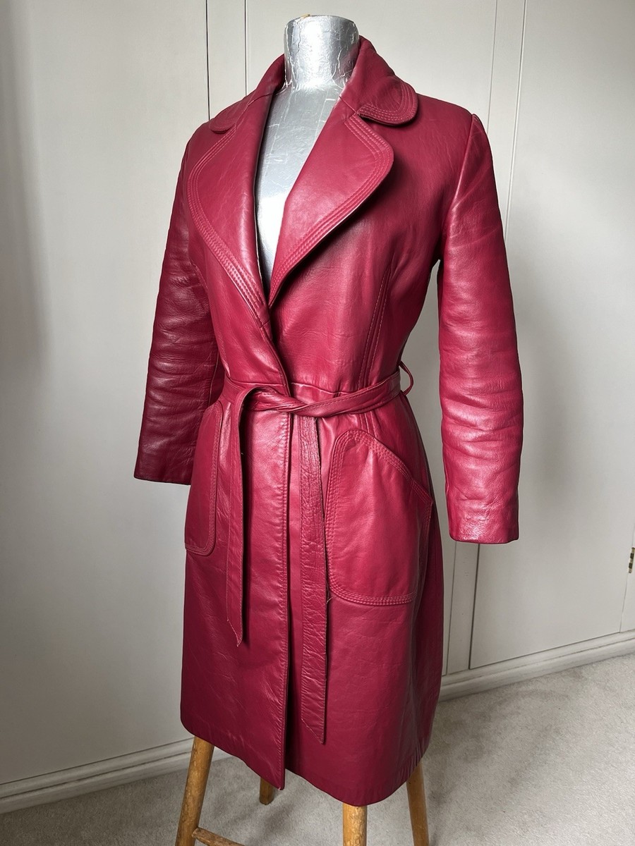Dark pink burgundy genuine leather 1960s vintage belted trench
