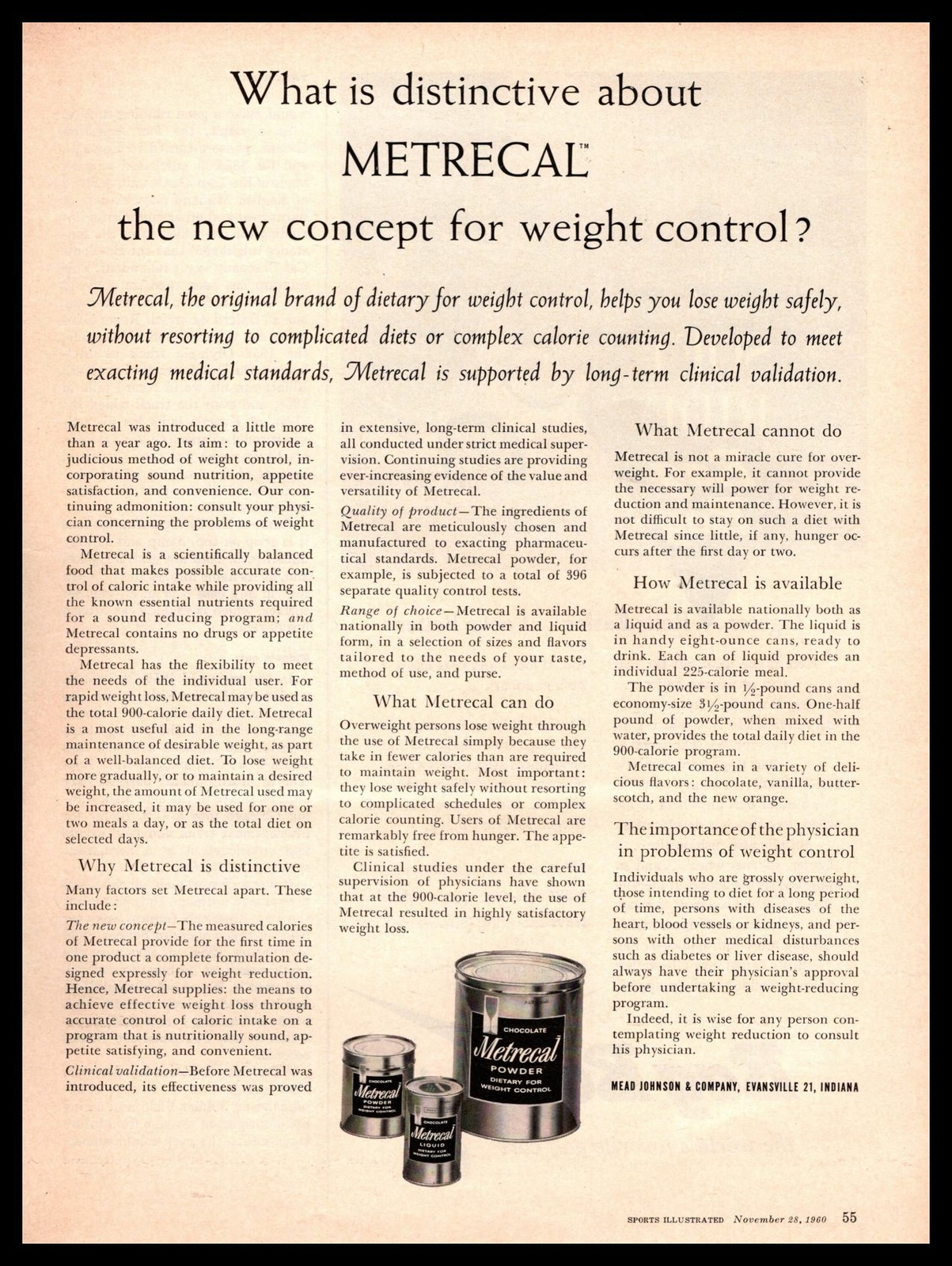 1960 Metrecal Weight Loss Powder Diet Mead Johnson Co. Evansville IN