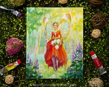 Original Fairy Fantasy Gouache Painting, Birches Forest Surreal Fae Portrait Art