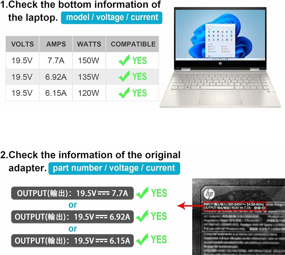 Alimentatore 19,5 V 7,7 A 150 W per HP Omen ZBook 15 17 G3 G4 G5 G6G7 TPN-CA11 TPN-DA09 - Immagine 2 di 4