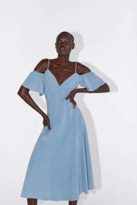blue off shoulder dress zara $70 Zara OFF-THE-SHOULDER DRESS 3564/151-blue-size S-NWT