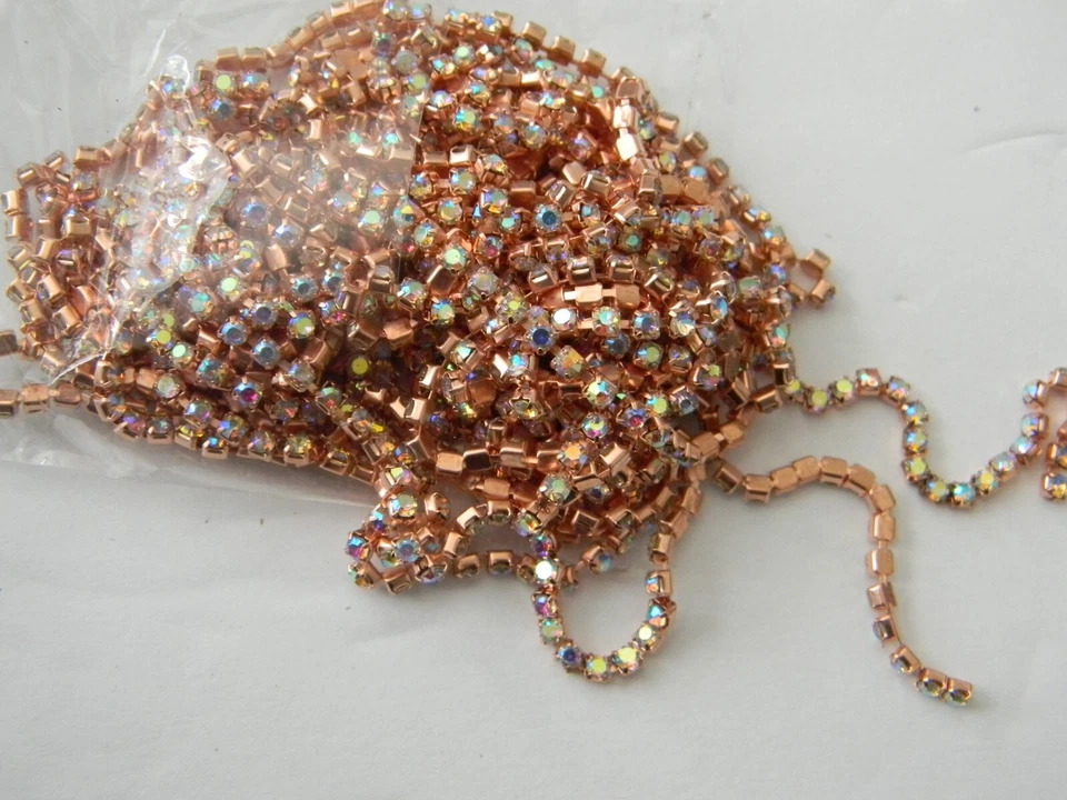 Cadena de copa de diamantes de imitación AB transparente, diamantes de imitación transparentes en montura de oro rosa, cadena de 3 mm Foto 4 de 4