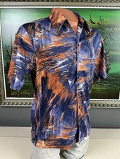 1970s Disco Joel Cal Made Mens Blue Orange Abstract Polyester Short Sleeve Shirt