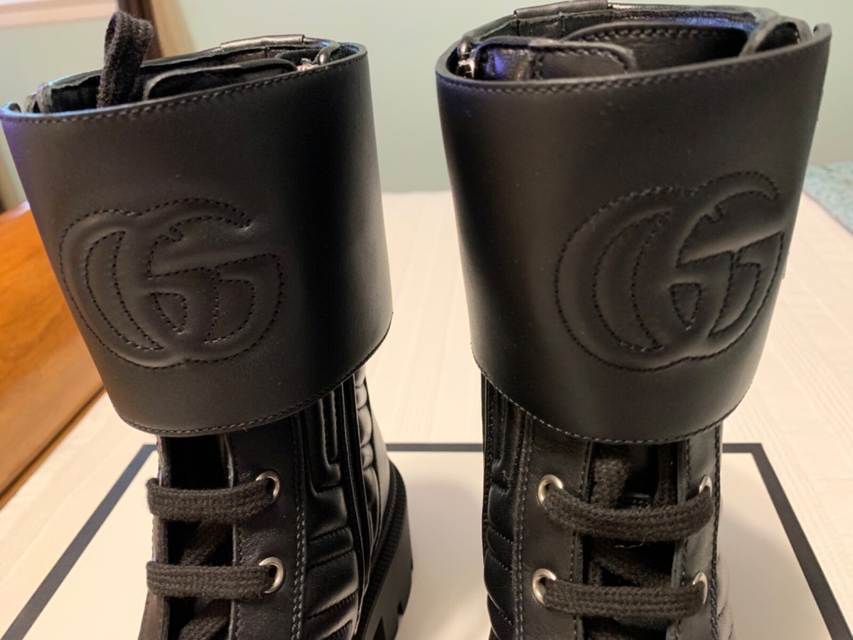Gucci Black Matelasse Leather Embossed GG Charlotte Boots Size EU