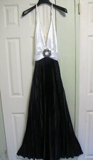 Betsy  Adam Black  White Satin Rhinestone Halter Open Back Pleat Dress Size 6