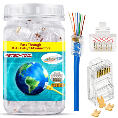 RJ45 23AWG Cat6a Cat6 Connector Gold Plated 8P8C Pass Through Ends UTP Network P