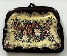 Vintage Tapestry Clutch Purse Handbag Lucite Handles Black  Floral Design