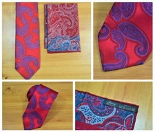  590 New BRIONI Blue Red Paisley Micro Handmade Silk Tie Pocket Square Set Gift