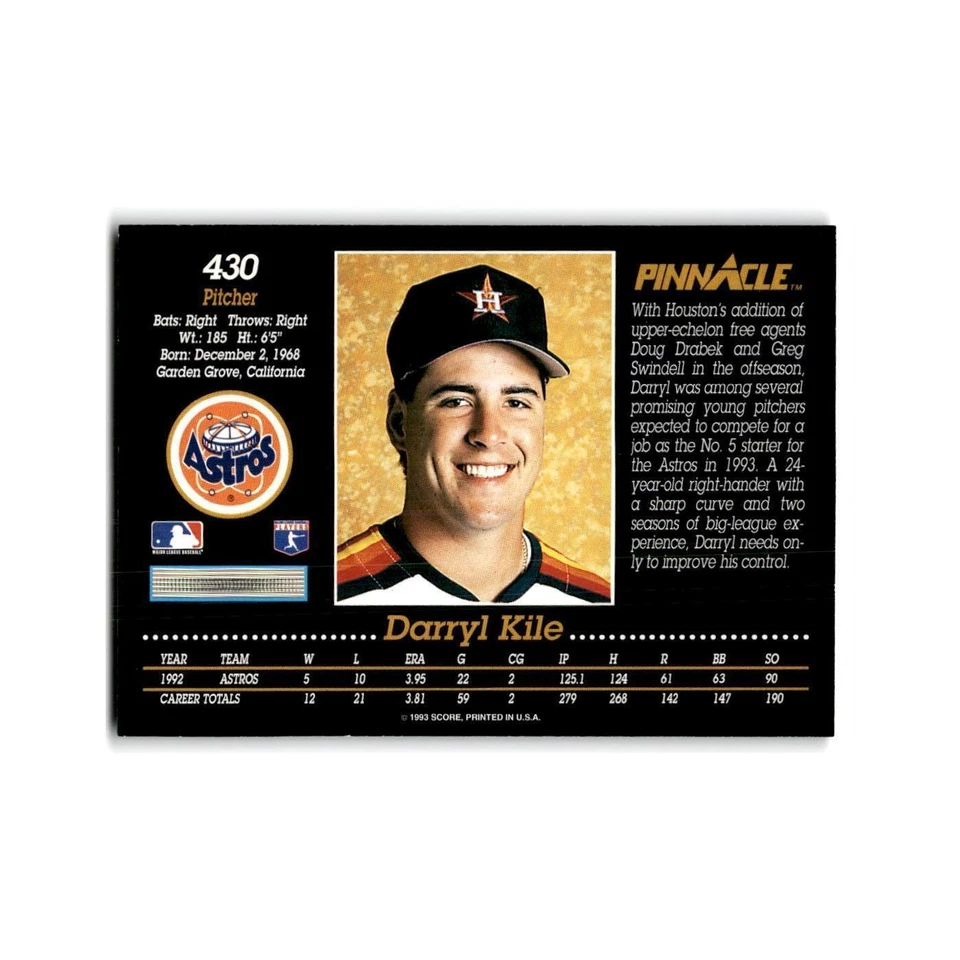 Darryl Kile 1993 Pinnacle #430 Houston Astros Baseball Card NM - Image 2 of 3