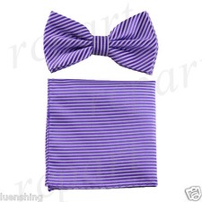 New Men's Pre-tied Bow Tie  Hankie tone on tone stripes striped Lavender Purple