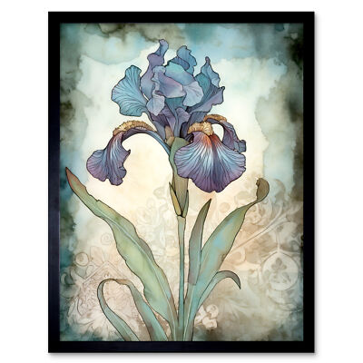 Eine einzelne Iris Blume Aquarell Illustration gerahmtes Wandbild Bild Druck 9 x 7 Zoll
